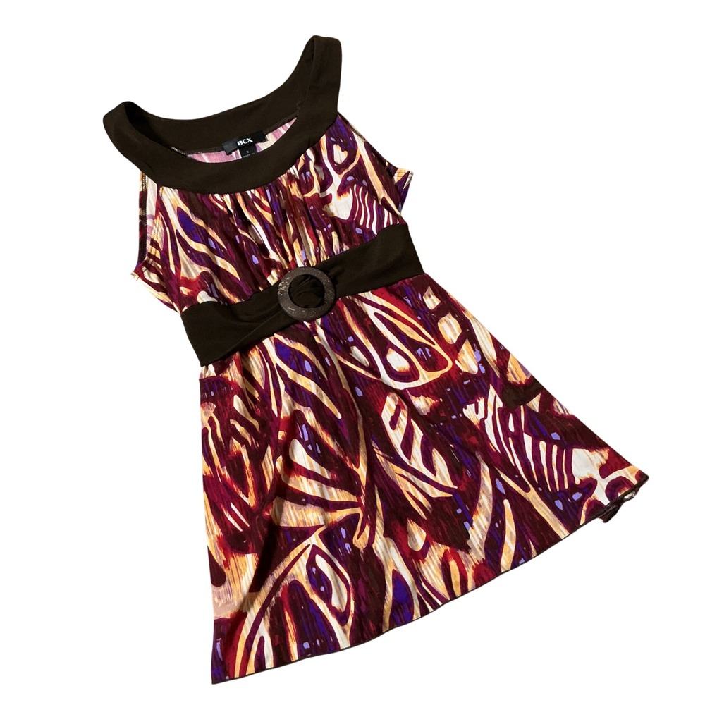 BCX Boho Abstract Print Tunic Top Womens Small Brown Magenta Y2K Empire Waist